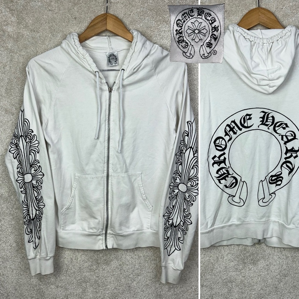 Vintage 90’s CHROME HEARTS Made In USA White Horseshoe Full Zip Raglan Hoodie S